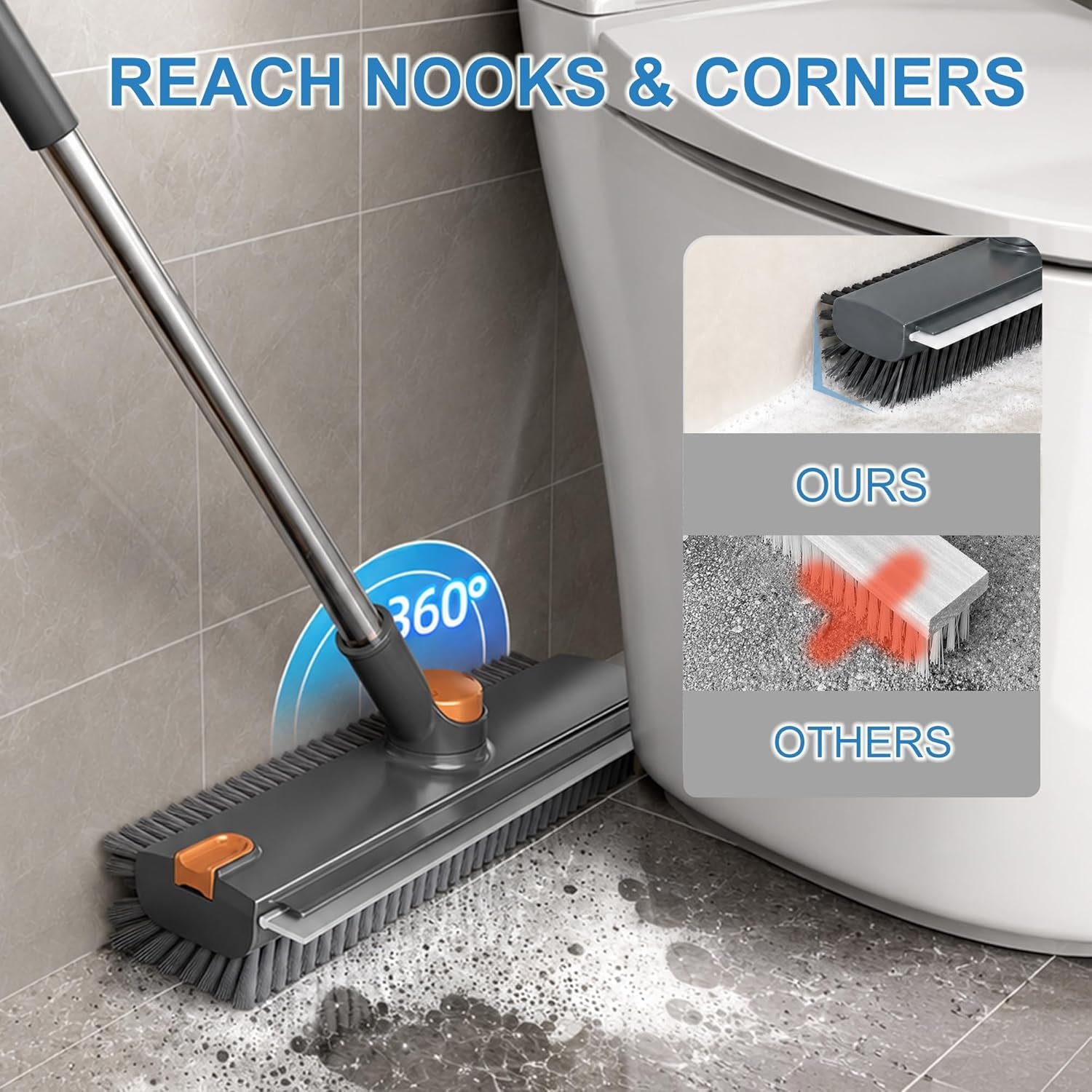 Long Handle Floor Scrub Brush – 3-in-1 Stiff Bristle Scrubber for Tile, Grout, Patio & Deck – No More Kneeling to Clean 