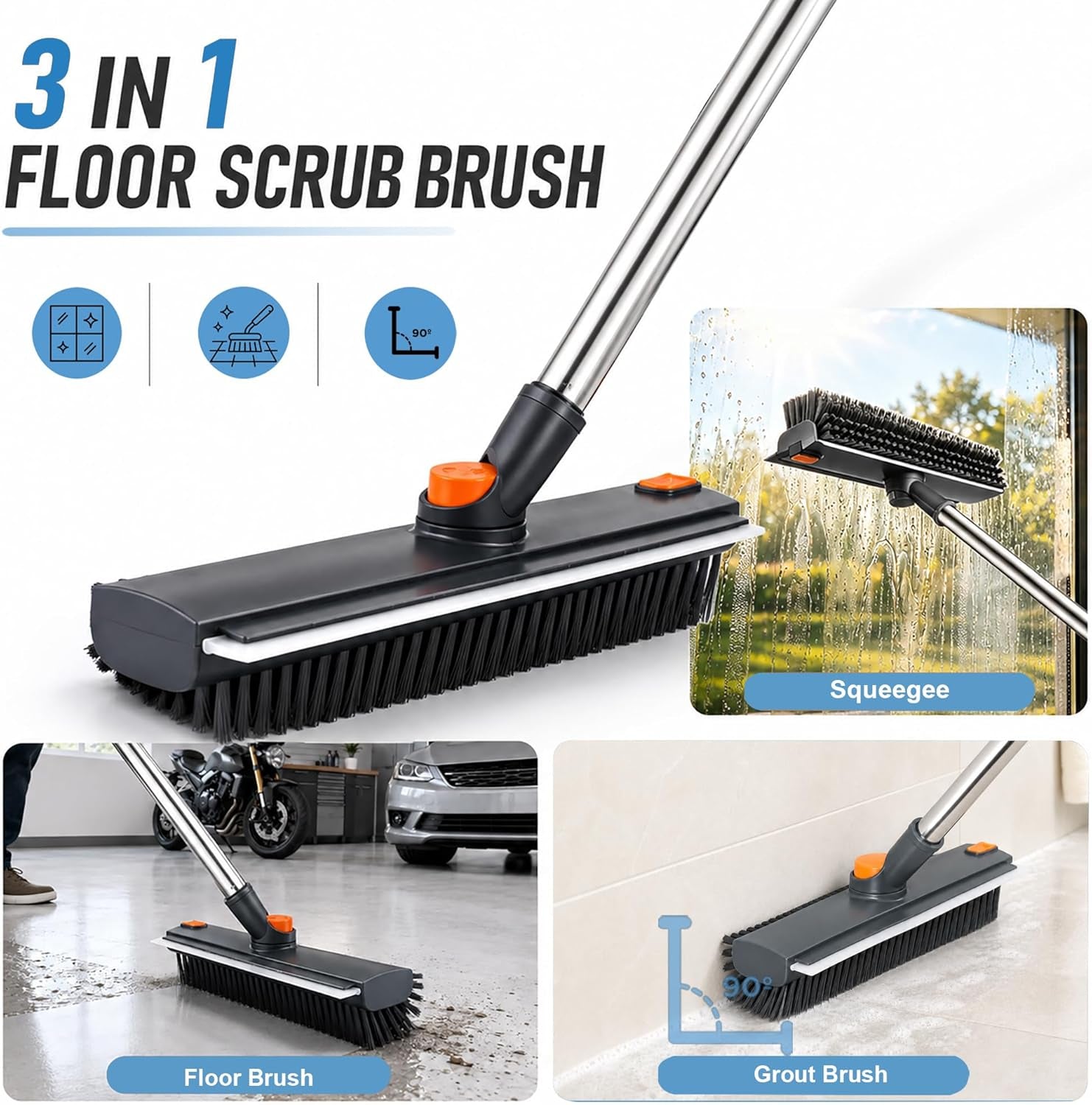 Long Handle Floor Scrub Brush – 3-in-1 Stiff Bristle Scrubber for Tile, Grout, Patio & Deck – No More Kneeling to Clean 